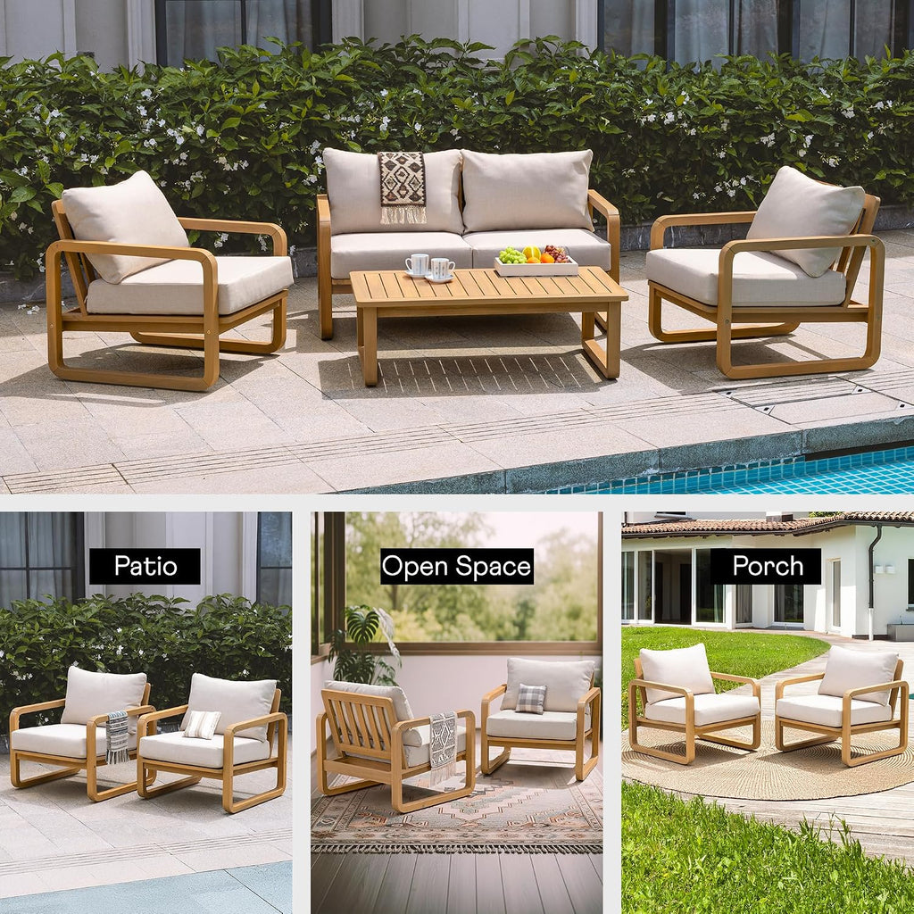 Idzo Ivy Wood Club Chair Set of 2 – Beige Fabric, Outdoor Wooden Armchair Seating with Cushions for Patio, Garden, or Balcony Relaxation