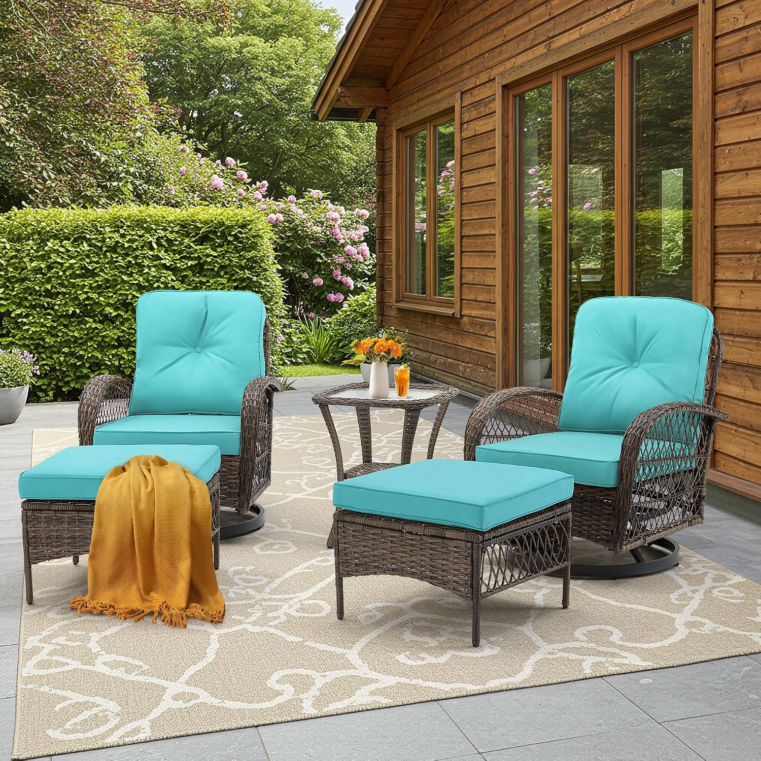 EROMMY 5 Pieces Outdoor Swivel Rocker Patio Chairs, 360 Degree Rocking Patio Conversation Set with Thickened Cushions, Glass Coffee Table and Ottomans for Backyard, Blue