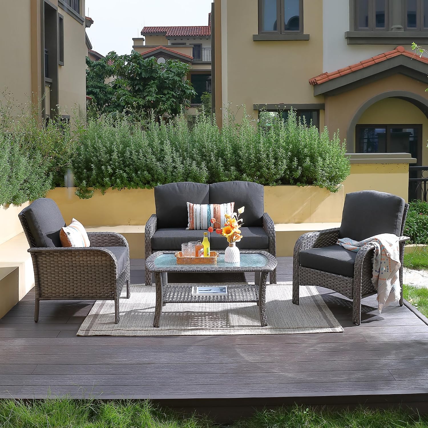 CAODOC 4-Piece Wicker Patio Furniture Set, All-Weather Rattan Conversation Bistro Loveseat Chair and Table Set for Backyard, Balcony and Deck with Soft Cushions and Metal Table(Black)