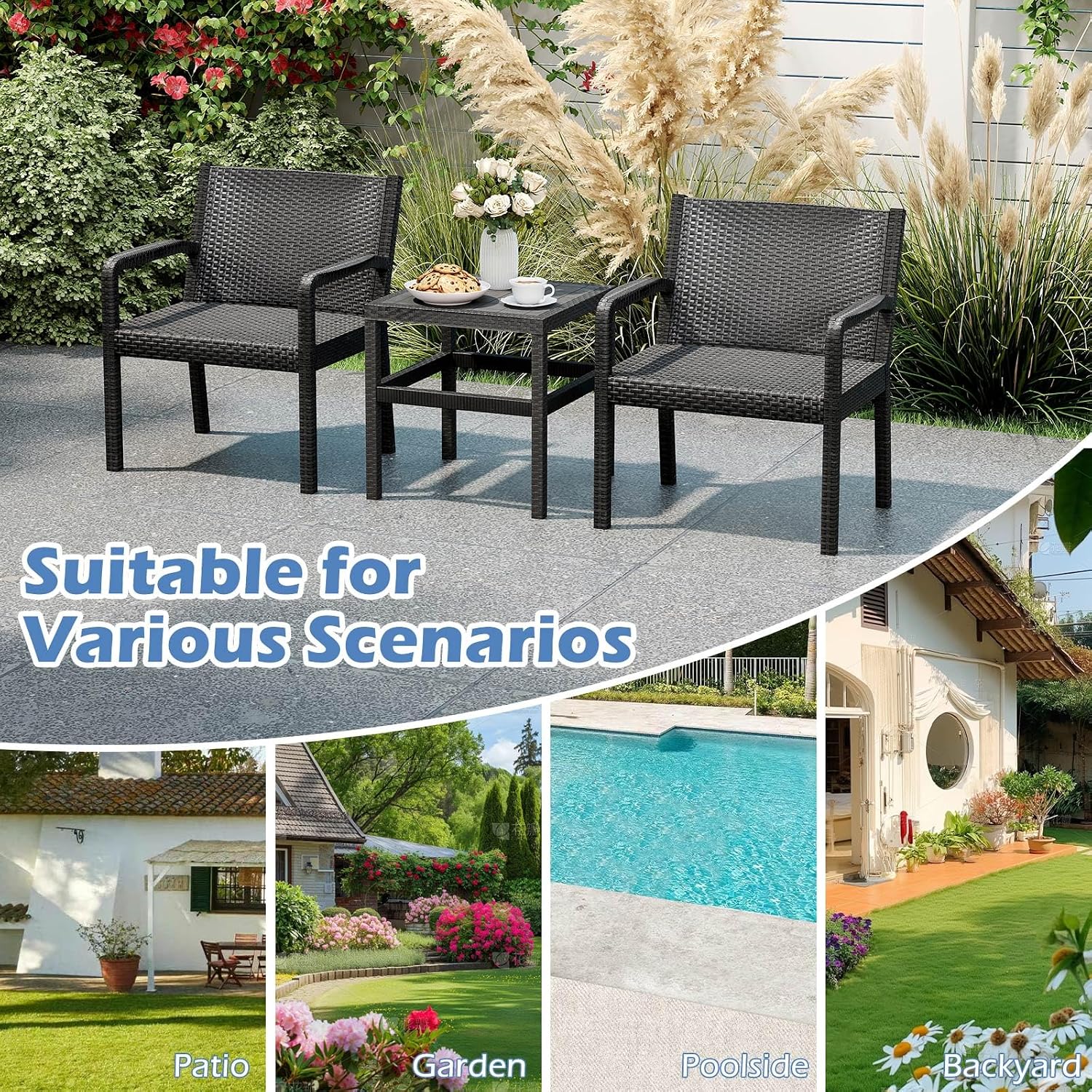 Tangkula 3 Piece Patio Furniture Set, Outdoor Wikcer Conversation Set with 2 Rattan Armchair & 25' Square Side Table, for Patio, Garden, Poolside, Bistro (Black)