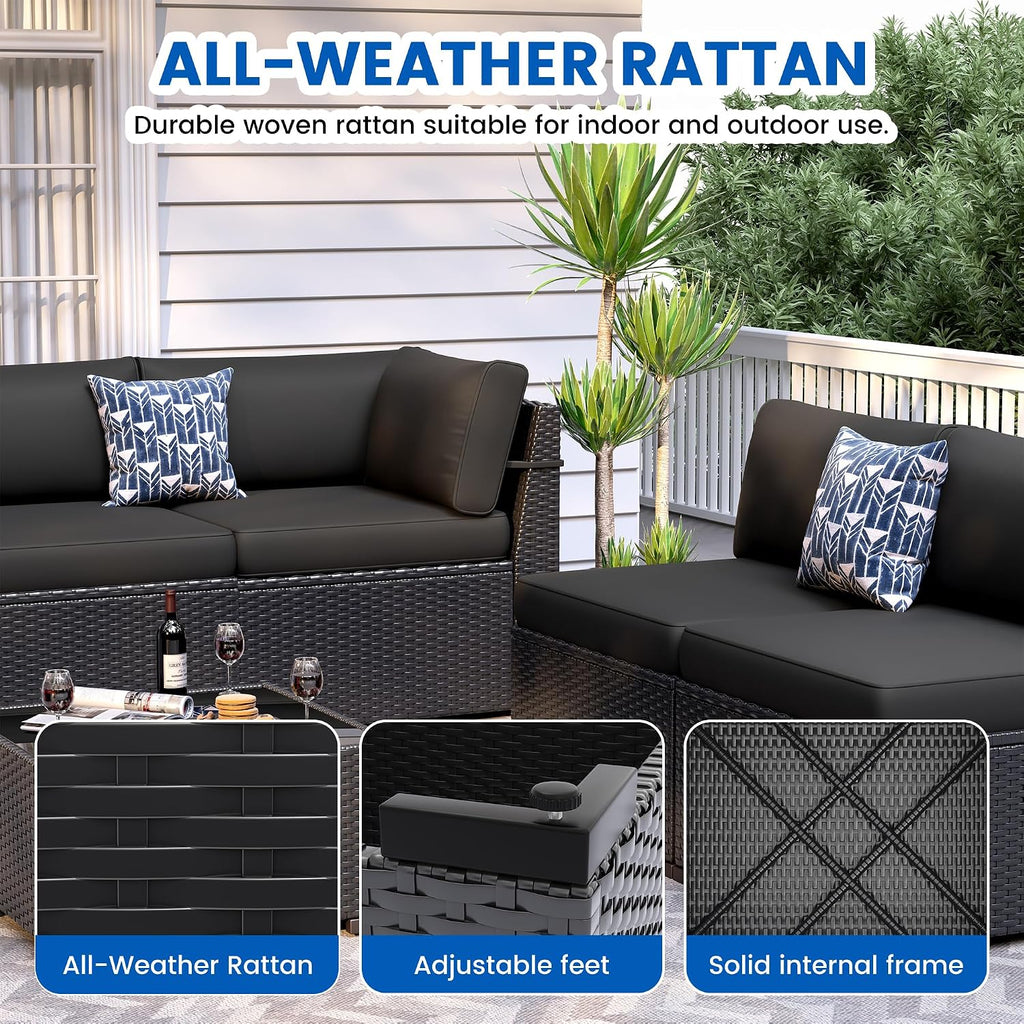 Patio Furniture Sets, 7-Piece Outdoor Patio Furniture with Thick Cushions,Coffee Table Outdoor All-Weather Conversation Set Sectional Sofa for Backyard, Poolside, Garden(Black)