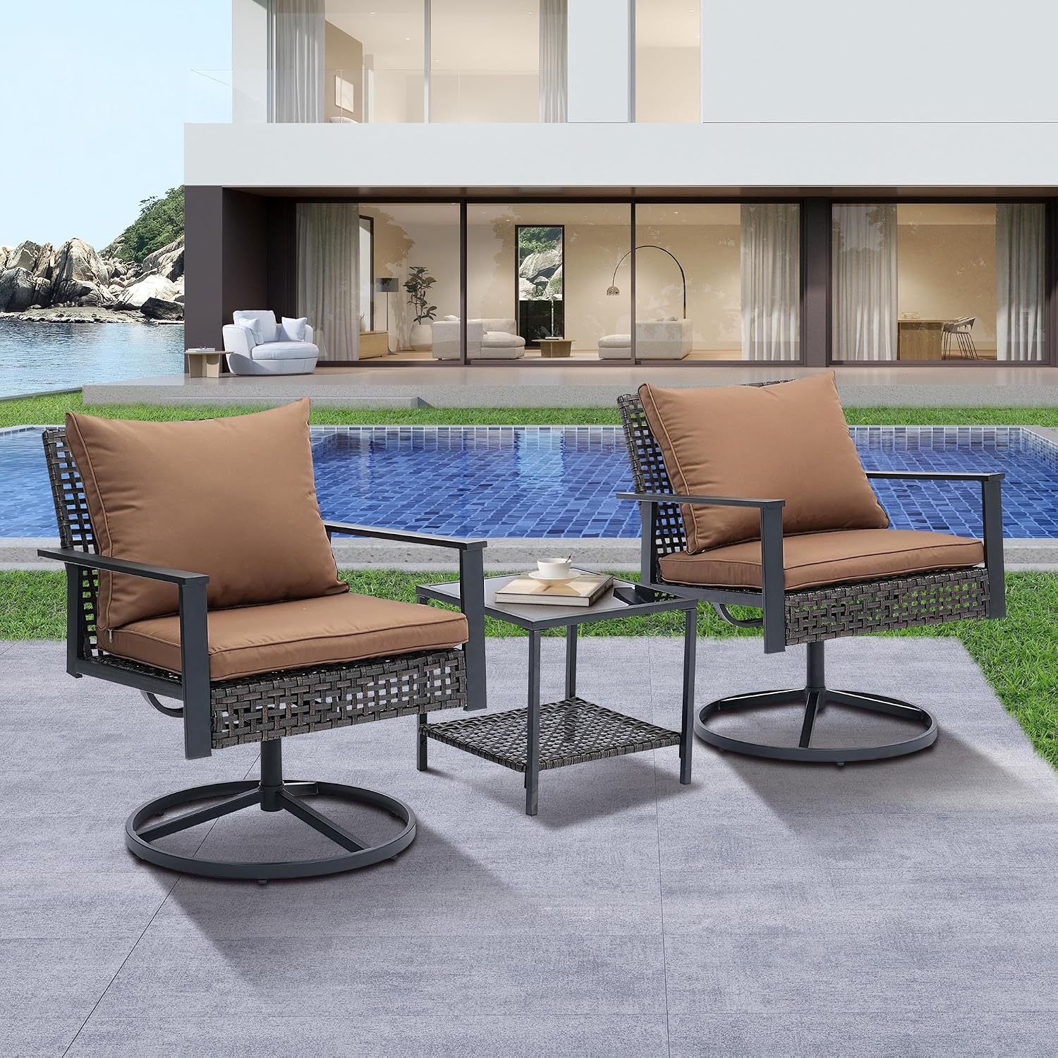 Ainfox 3 Pieces Patio Wicker Chairs Swivel Rocker, Outdoor Swivel Rocker Patio Chairs with Rattan Side Table, Patio Furniture Set for Patio Balcony Pool, Brown