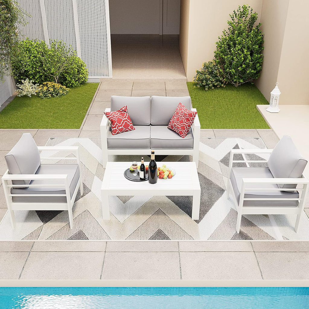 Amopatio Aluminum Patio Furniture, 5 Pcs Metal Modern Outdoor Patio Furniture Set, Outdoor Sectional Sofa for Balcony, Garden, White (Included Waterproof Covers)