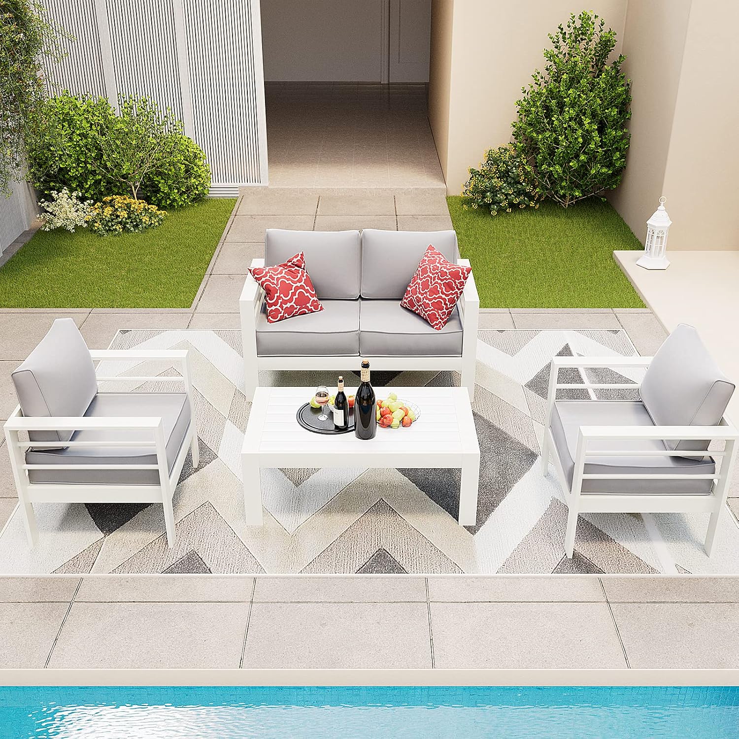 Amopatio Aluminum Patio Furniture, 5 Pcs Metal Modern Outdoor Patio Furniture Set, Outdoor Sectional Sofa for Balcony, Garden, White (Included Waterproof Covers)