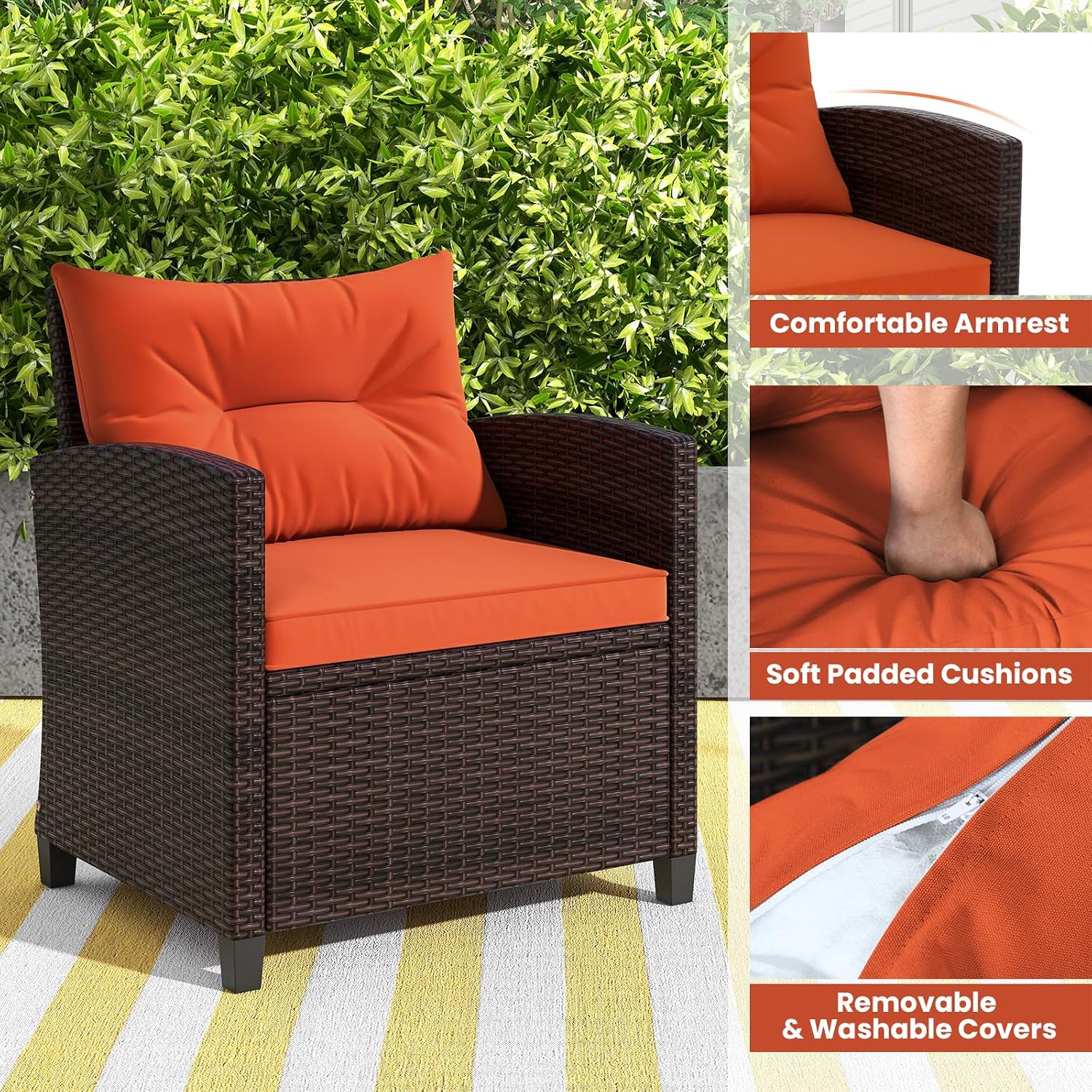 ORALNER 3 Pieces Patio Furniture Set, Outdoor Wicker Conversation Set Rattan Chairs with Cushions, Glass Coffee Table, Bistro Set for Front Porch Balcony Garden Deck Poolside (Orange)