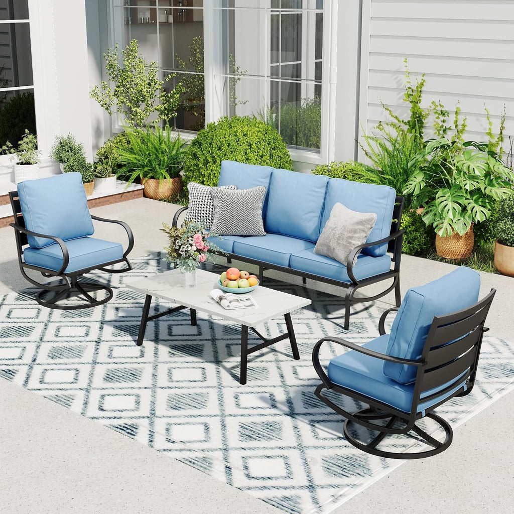 Sophia & William Patio Furniture Sets 5 Seats Outdoor Metal Conversation Sets 4 Pcs with 2 x Cushioned Swivel Sofa Chairs,1 x 3-Seat Sofa, 1x Marbling Metal Coffee Table Lawn Backyard Poolside Blue