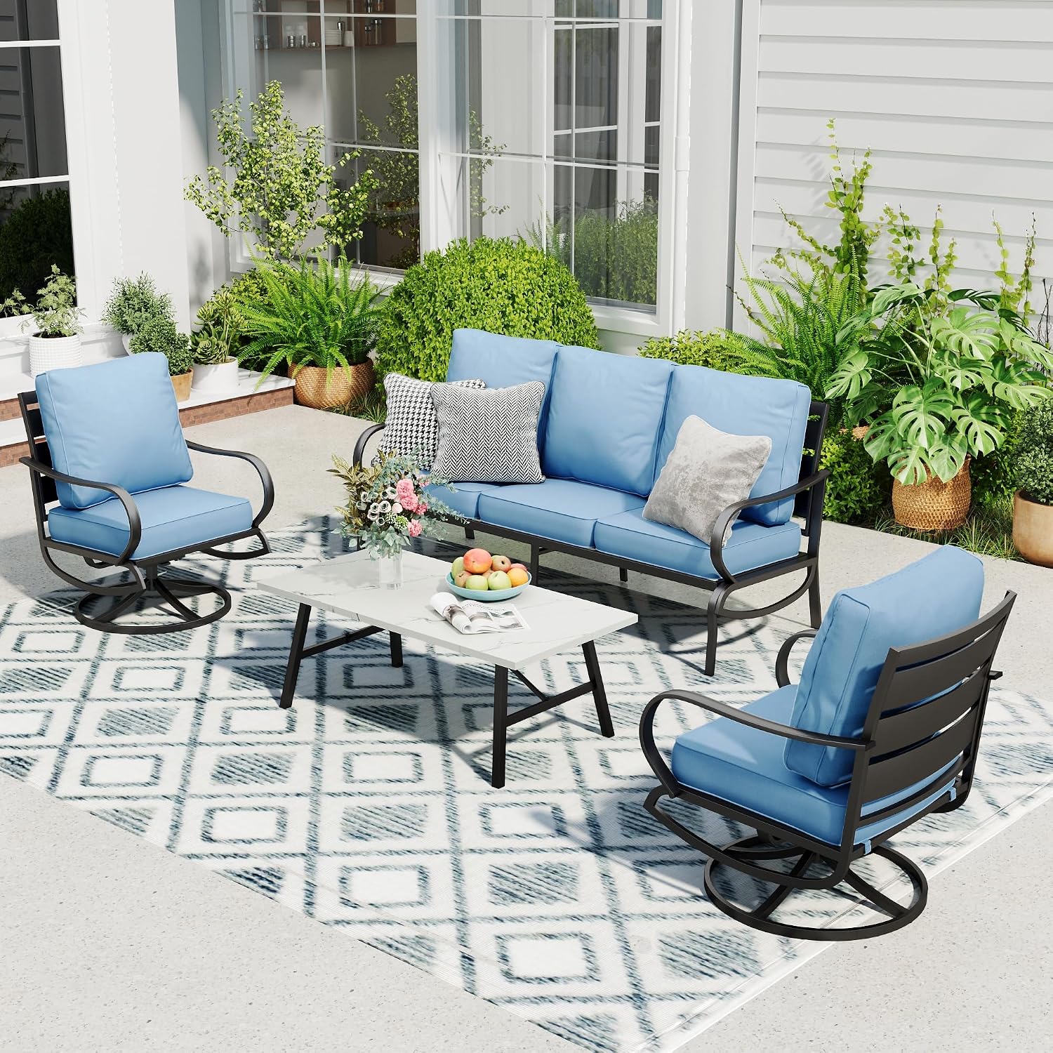 Sophia & William Patio Furniture Sets 5 Seats Outdoor Metal Conversation Sets 4 Pcs with 2 x Cushioned Swivel Sofa Chairs,1 x 3-Seat Sofa, 1x Marbling Metal Coffee Table Lawn Backyard Poolside Blue