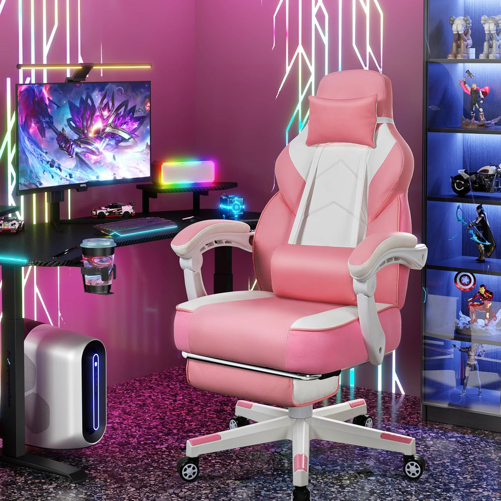Big and Tall Gaming Chair for Adults, 330lbs Heavy Duty Computer Chair with Footrest & Massage Lumbar Support, Wide Seat High Back Reclining Desk Chair, Pink