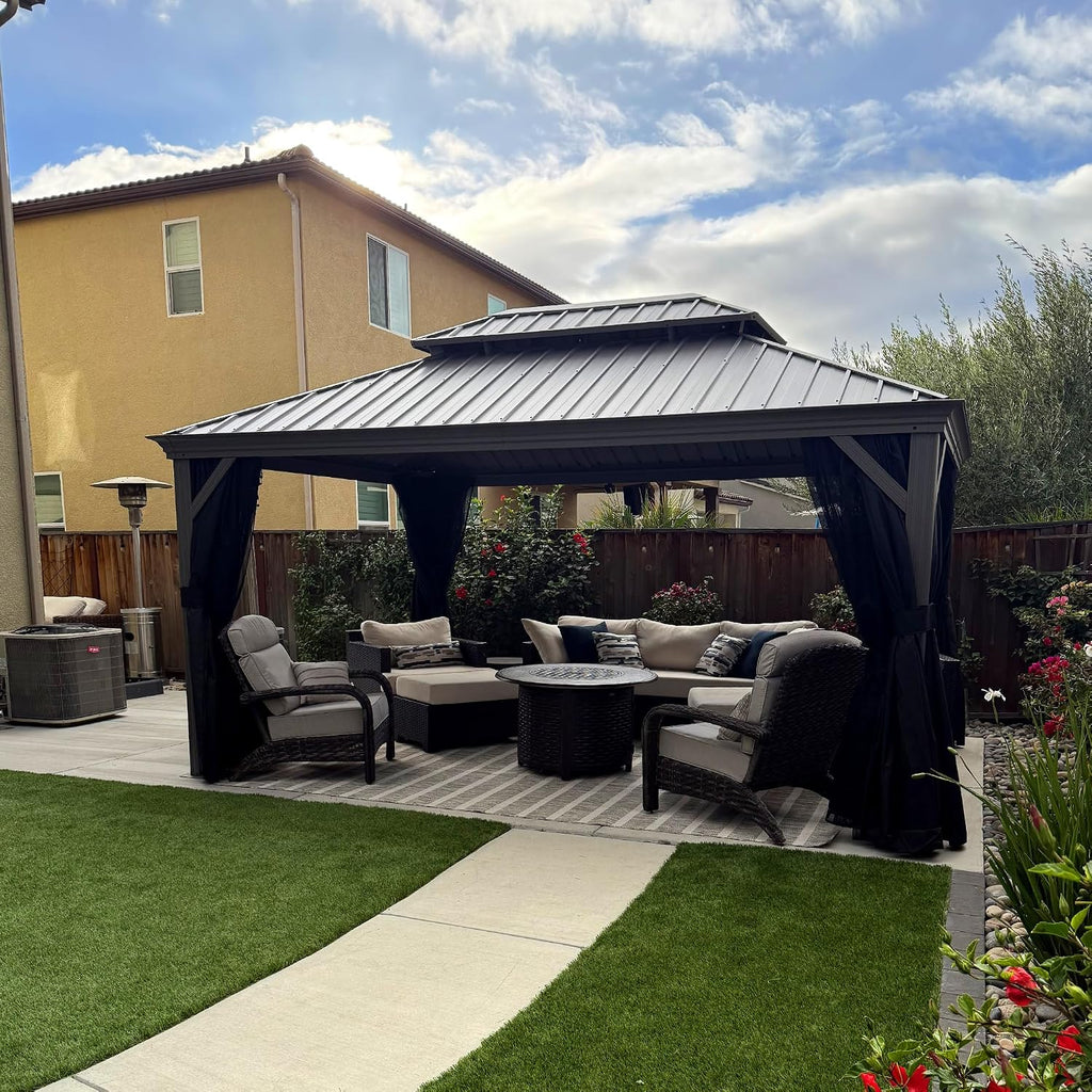 PURPLE LEAF 11' x 15' Hardtop Aluminum Gazebo with Double Metal Roof Heavy Duty Permanent Gazebo for Pool Patio Deck Lawn Garden All Weather Outdoor Pavilion Gazebos, Light Grey