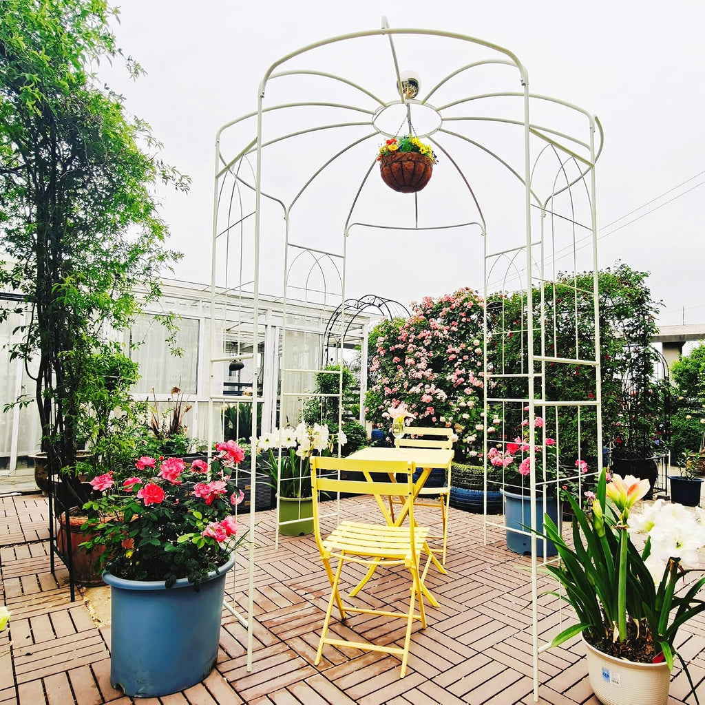 Metal Garden Trellis Arbor Arch Gazebo Birdcage Shape, Off White Pergola Pavilion fpr Climbing Plants Rack French Style Wedding Decoration Lawn