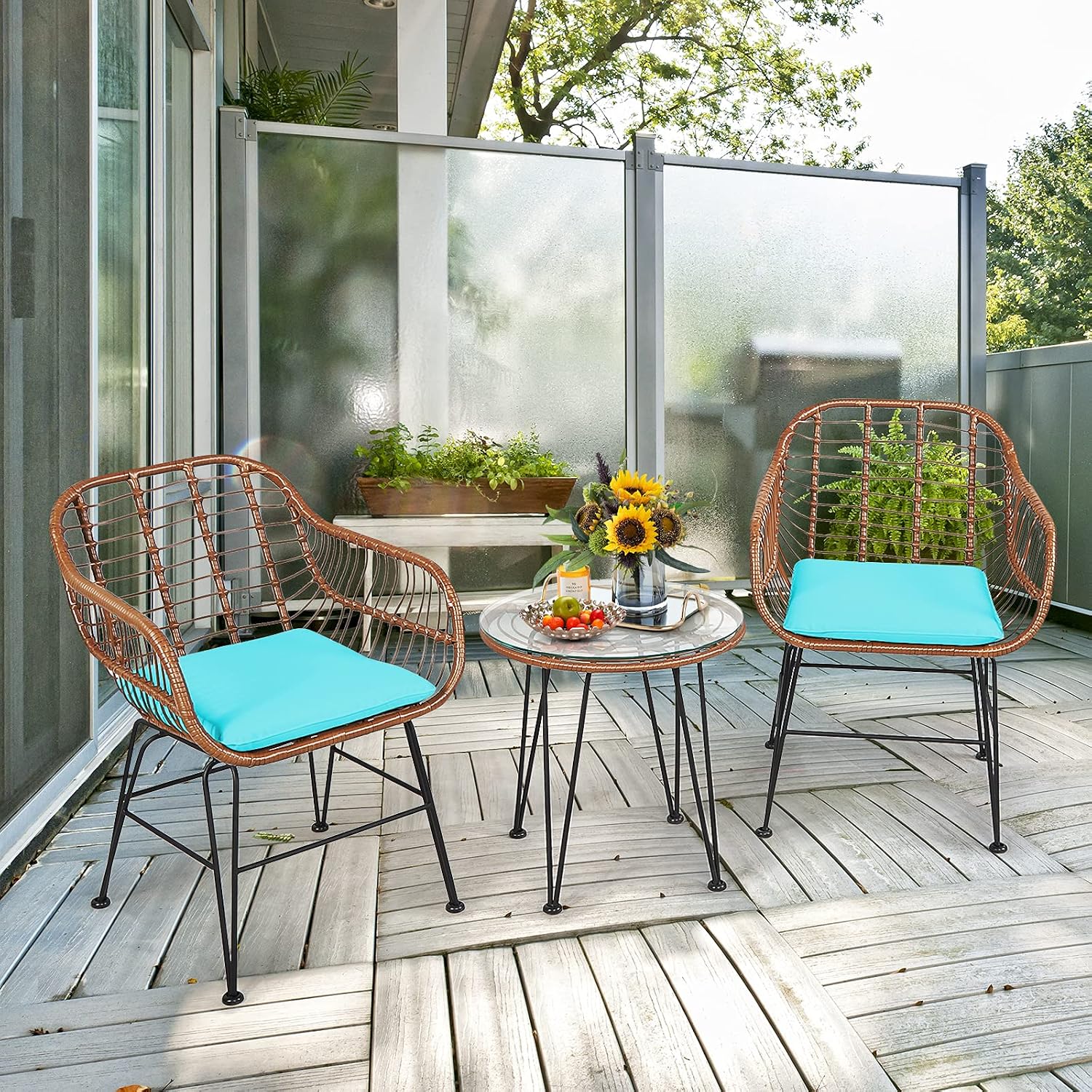 Tangkula 3 Pieces Patio Conversation Bistro Set, Outdoor Wicker Furniture w/Round Tempered Glass Top Table & 2 Rattan Armchairs, Bistro Chat Set w/Seat Cushions for Porch, Backyard, Garden