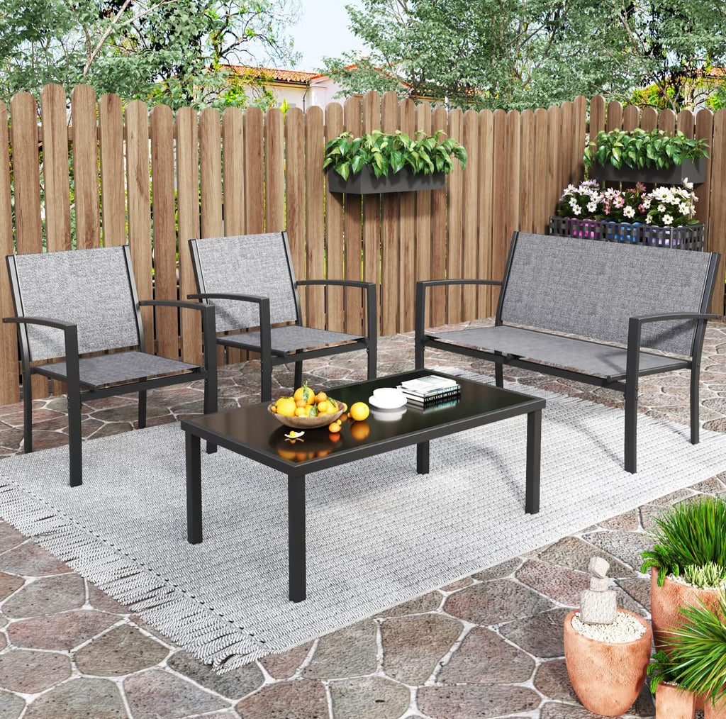 Greesum 4 Pieces Patio Furniture Set, Outdoor Conversation Sets for Patio, Lawn, Garden, Poolside with A Glass Coffee Table, Gray