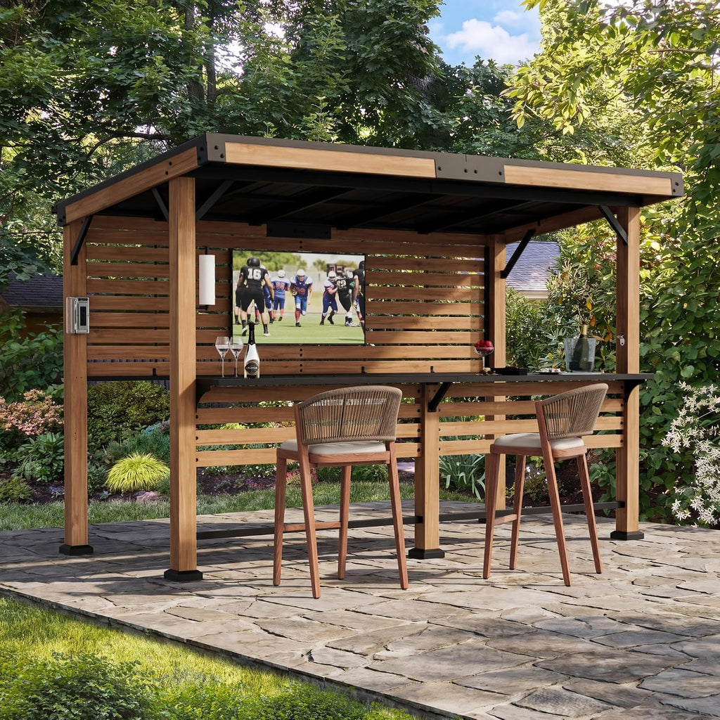 Modern Shade Woodberry Outdoor Bar 6' X 12' with TV Mount, Cedar Wood Gazebo with Dual bar Tops & Shelves, Grill Gazebo with USB and USB-C Charging Ports, Bar Gazebo with Dual Bar Counters for Patio