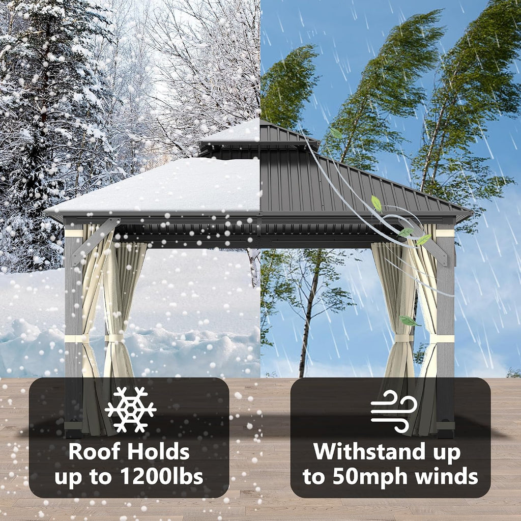 12'x12' Hardtop Wood Gazebo, Outdoor Double Roof Galvanized Steel Top Gazebo with Wooden Post, Curtains & Netting for Backyard, Patio, Deck (12x12 FT)