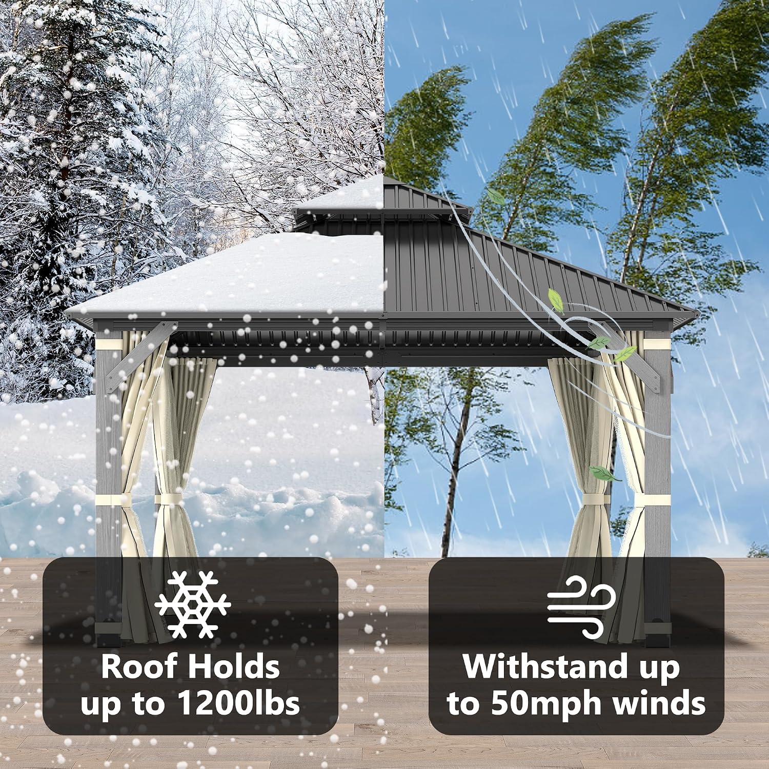 12'x12' Hardtop Wood Gazebo, Outdoor Double Roof Galvanized Steel Top Gazebo with Wooden Post, Curtains & Netting for Backyard, Patio, Deck (12x12 FT)