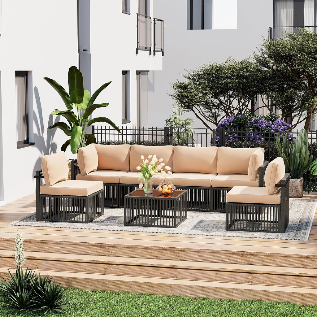 Pamapic 7-Piece Outdoor Sectional Set, Large Wicker Patio Furniture Set with Coffee Table and Washable Cushions Covers, All-Weather Patio Sofa Conversation Set for Backyard, Poolside, Garden