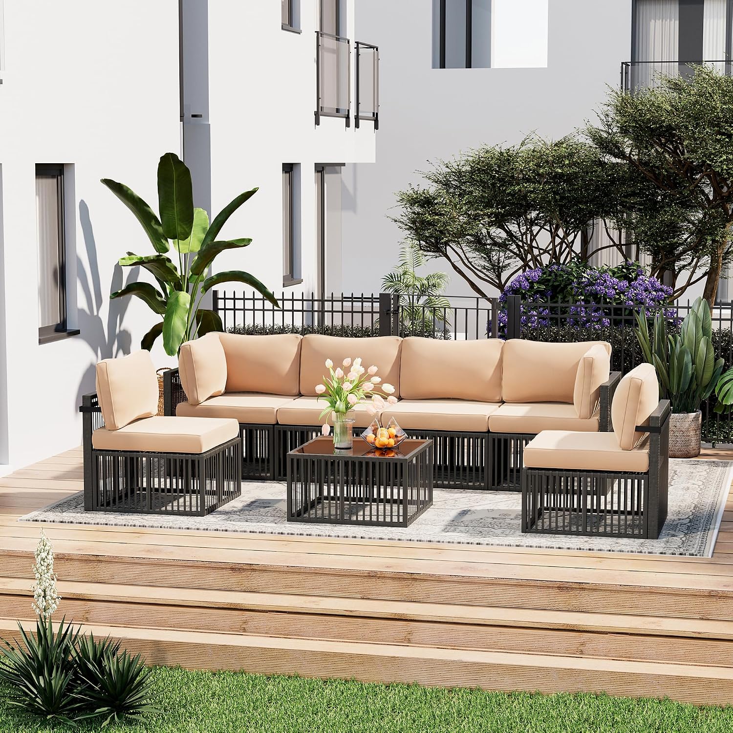 Pamapic 7-Piece Outdoor Sectional Set, Large Wicker Patio Furniture Set with Coffee Table and Washable Cushions Covers, All-Weather Patio Sofa Conversation Set for Backyard, Poolside, Garden