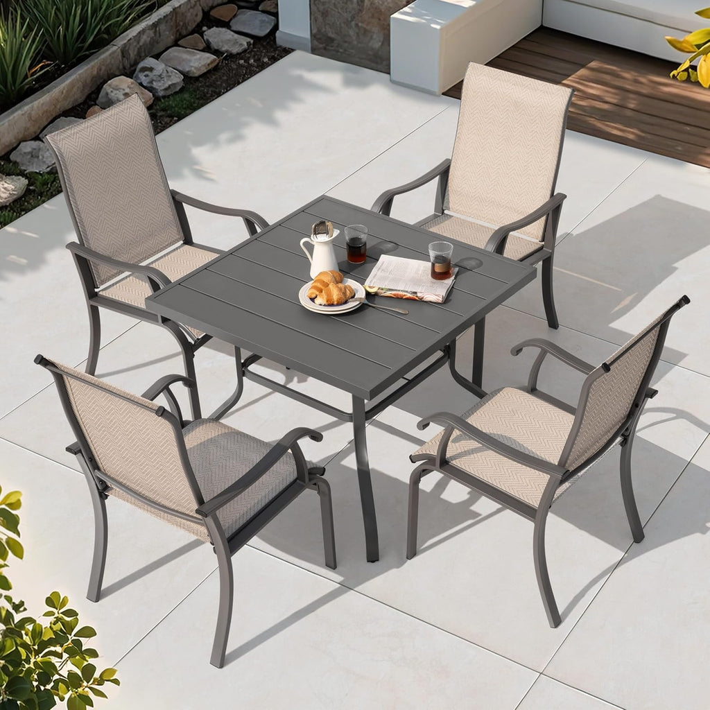 NUU GARDEN 5-Piece Outdoor Dining Set, 4 Textilene Patio Dining Chairs and 37'' Square Slatted Table with Umbrella Hole, Weather-Resistant Patio Furniture for Garden, Patio, Backyard, Beige