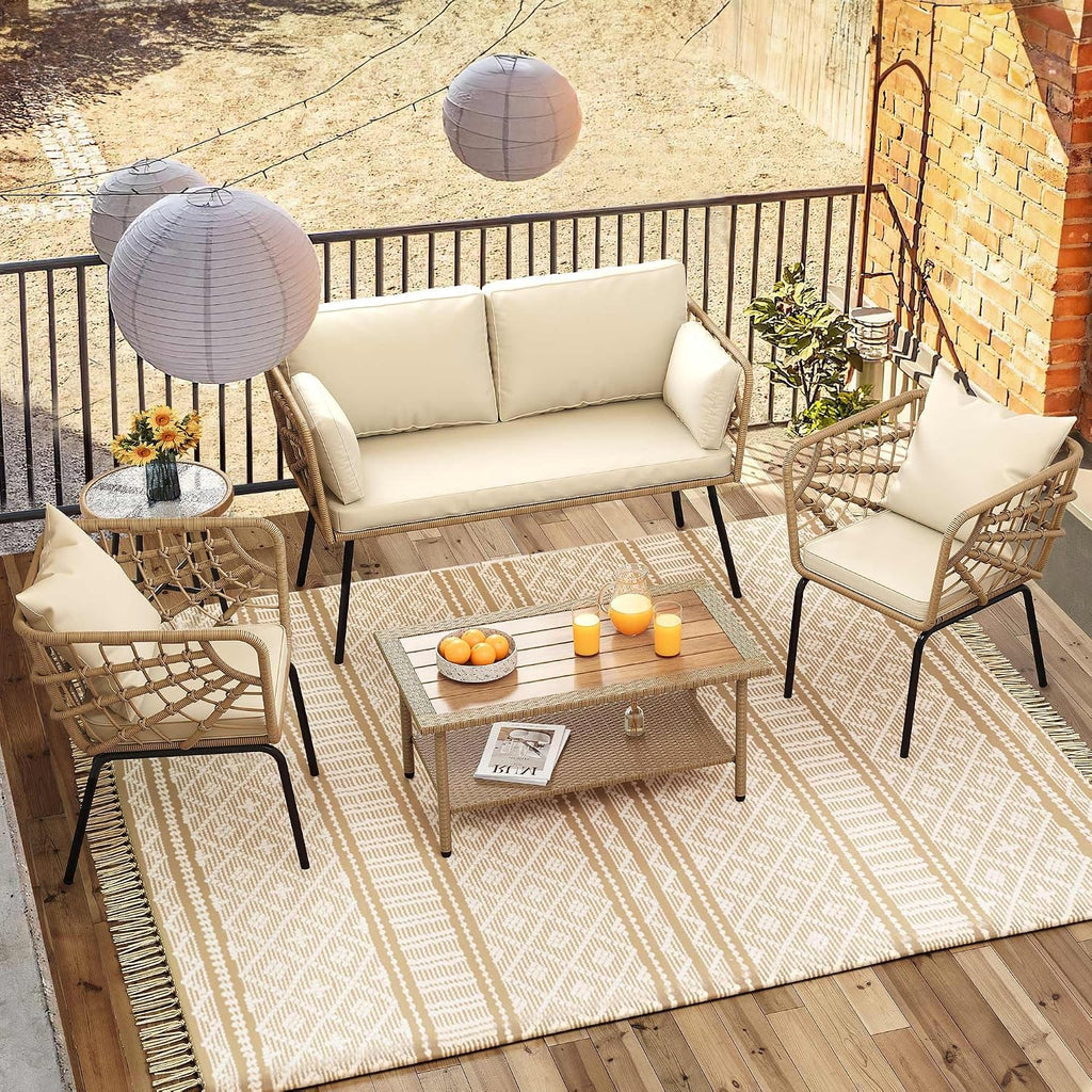 DWVO 2-Piece Patio Set, Wicker Loveseat with Plush Cushions & Rattan Side Table, All-Weather Outdoor Conversation Furniture for Balcony, Deck, Backyard, Poolside