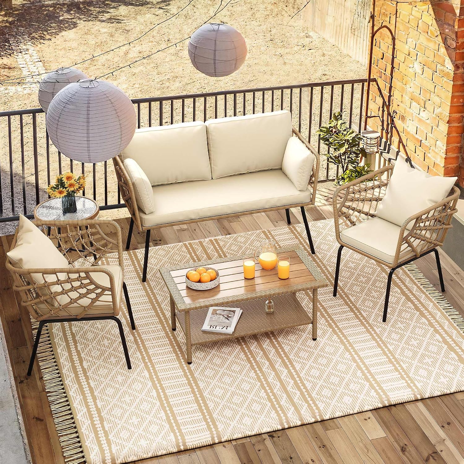 DWVO 2-Piece Patio Set, Wicker Loveseat with Plush Cushions & Rattan Side Table, All-Weather Outdoor Conversation Furniture for Balcony, Deck, Backyard, Poolside