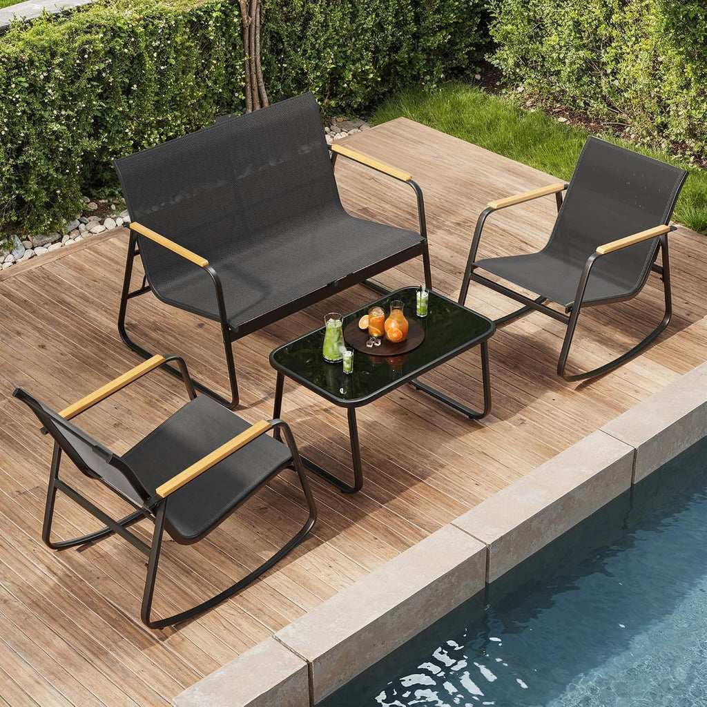 Ahomly 4-Piece Patio Furniture Set, Textilene Outdoor Conversation Set with 2 Rocking Chairs and Tempered Glass Coffee Table, for Lawn, Garden, Balcony, Poolside (Black)