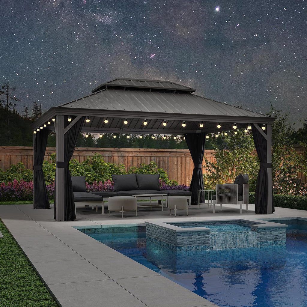 PURPLE LEAF 12' X 16' Hardtop Aluminum Gazebo with Netting and Curtains Heavy Duty Permanent Gazebo with Double Metal Roof for Patio Deck Lawn Garden All Weather Outdoor Pavilion Gazebos, Light Grey