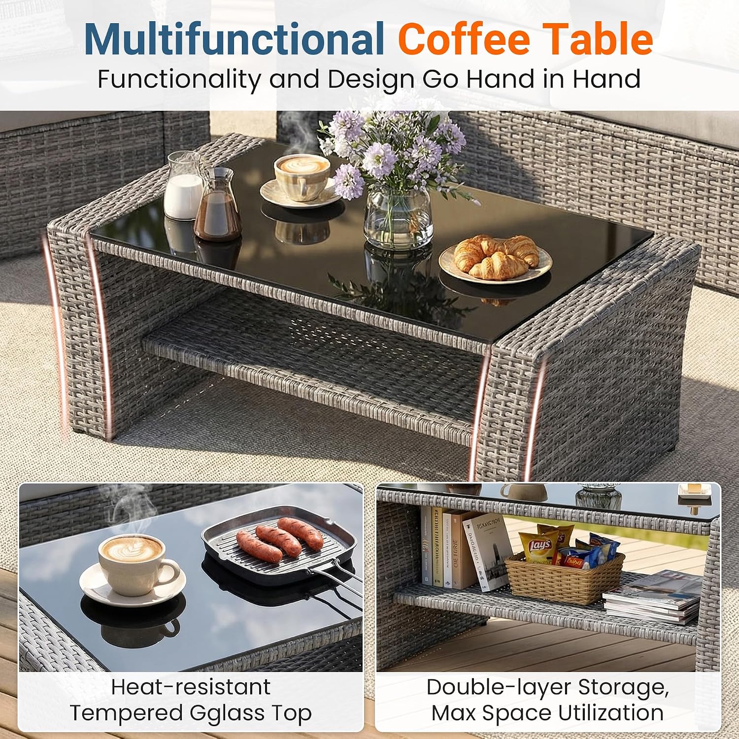Wisteria Lane Patio Furniture Set, 5 Pieces Wicker Outdoor Furniture for All Weather, Patio Sofa with High Backrest Support and Wide Armrest for Backyard, Balcony, Deck, Porch, Ash Gray