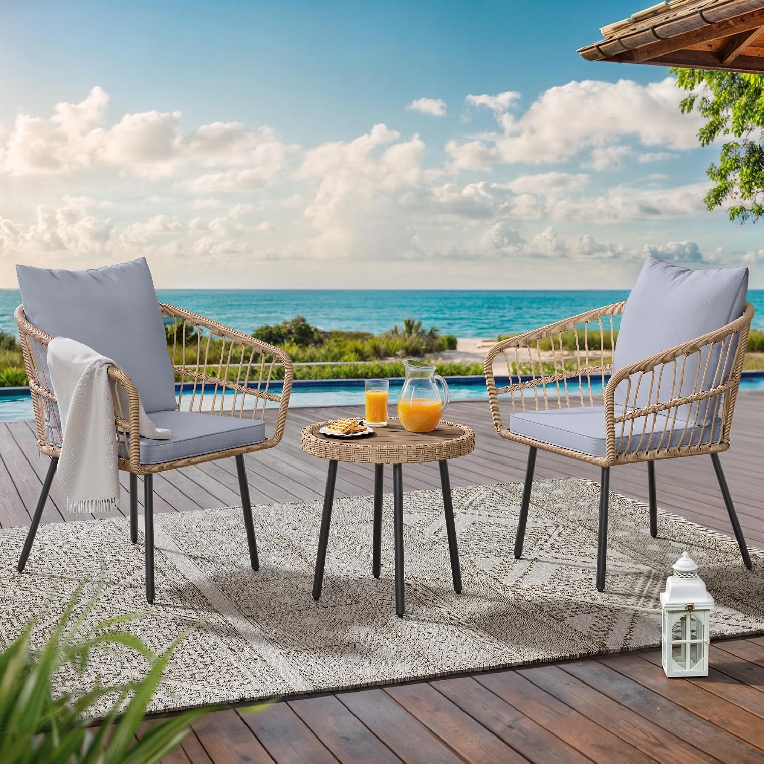 YITAHOME 3 Piece Bistro Set Outdoor with Thick Cushions&Table All-Weather Wicker Patio Furniture Set with Armrest Rattan Conversation Set for Balcony, Backyard, Pool, Porch, Deck - Grey