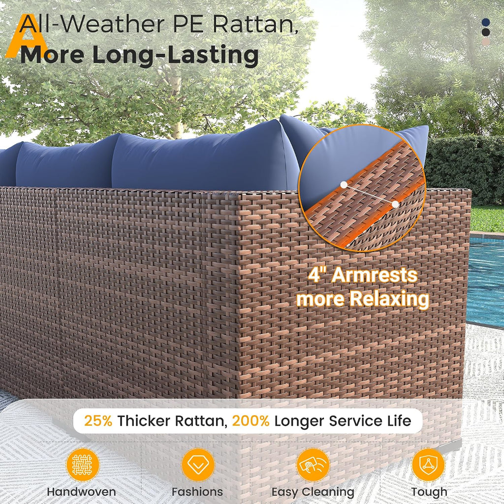 UDPATIO Furniture Set with Fire Pit Table, 8 Piece Sectional Sofas, All-Weather Wicker Conversation for Garden, Backyard, Navy Blue