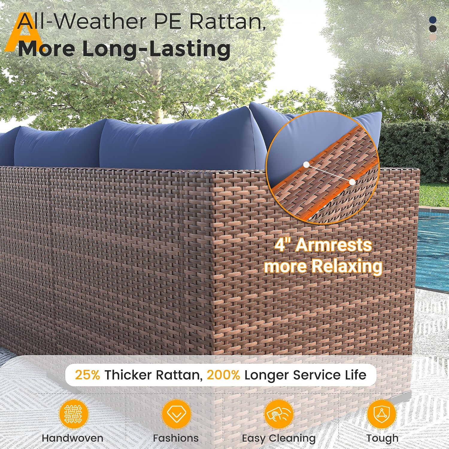 UDPATIO Furniture Set with Fire Pit Table, 8 Piece Sectional Sofas, All-Weather Wicker Conversation for Garden, Backyard, Navy Blue