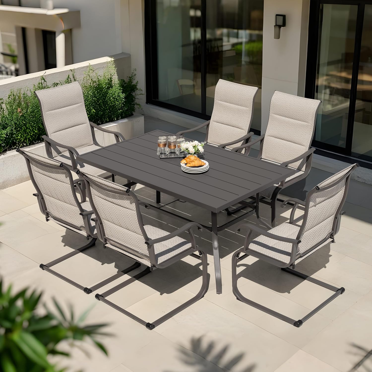 NUU GARDEN Patio Dining Chair Set of 4, Outdoor Spring Motion Chairs with Breathable Textilene, Comfortable Patio Chairs for Deck, Porch, Backyard & Indoor, Grayish Beige