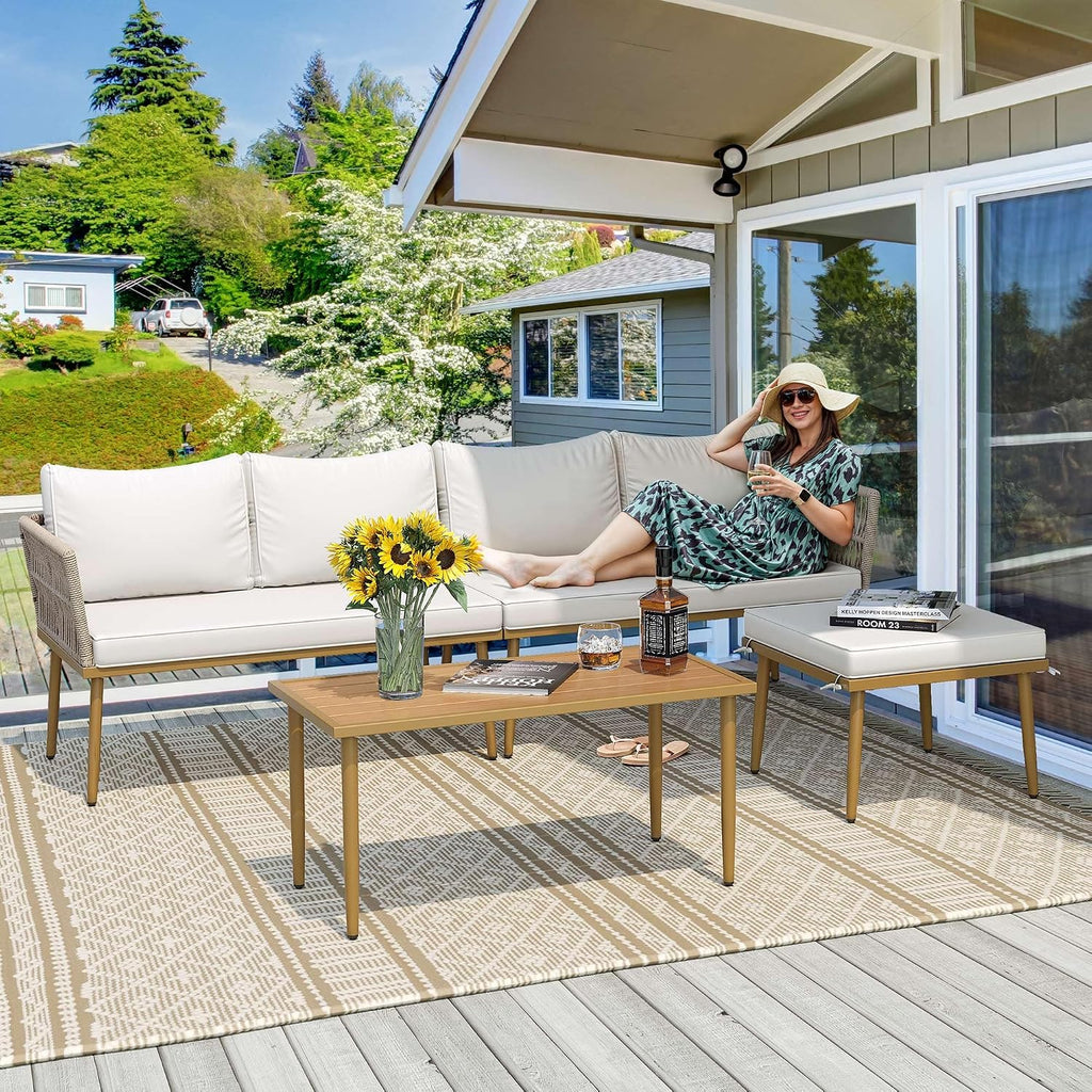 YITAHOME 6 Pieces Patio Furniture Set with Coffee Table & Washable Cushions, Wicker Rattan Conversation Sectional Set for Garden Yard Pool Beige