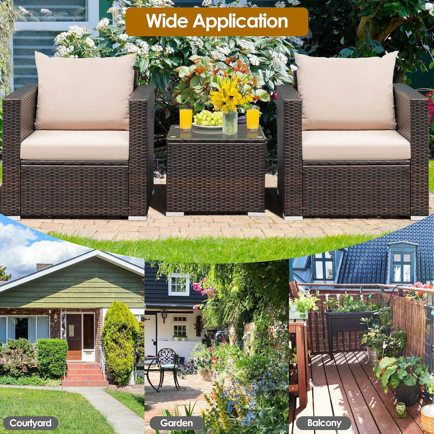 HAPPYGRILL 3PCS Patio Furniture Set with Coffee Table Outdoor Rattan Wicker Conversation Sofa Set with Washable Cushions for Garden Poolside