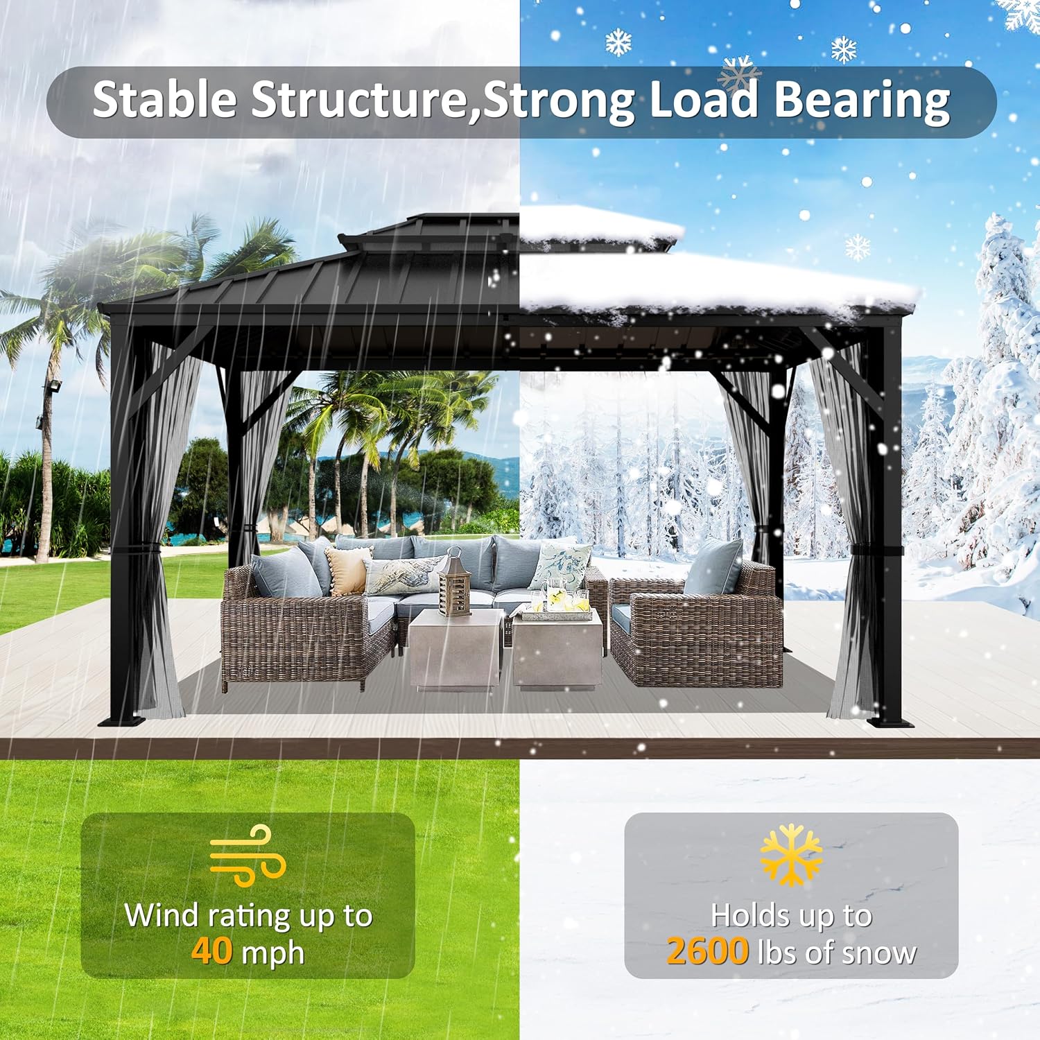 Yardenaler 10x12 FT Hardtop Gazebo Canopy with Double Galvanized Steel Roof, Permanent Outdoor Pavilion with Mesh Netting for Patio, Backyard, Garden, Black