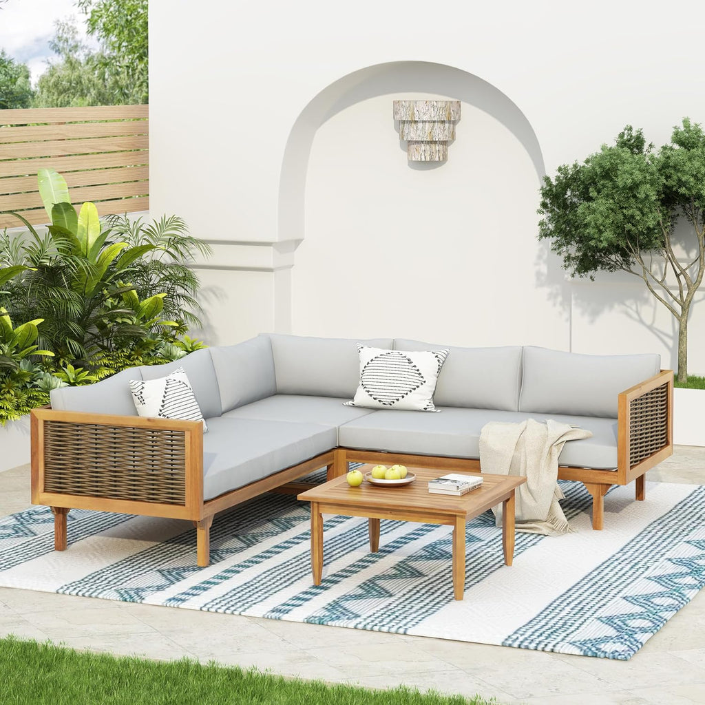 Christopher Knight Home Tenntt 5-Seater Acacia Wood Patio Furniture Set, Outdoor Conversation Sofa Chat Set with Coffee Table, Wicker Arm, Sectional Seating Group for Backyard Balcony, Teak+Light Gray