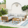 Christopher Knight Home Tenntt 5-Seater Acacia Wood Patio Furniture Set, Outdoor Conversation Sofa Chat Set with Coffee Table, Wicker Arm, Sectional Seating Group for Backyard Balcony, Teak+Light Gray