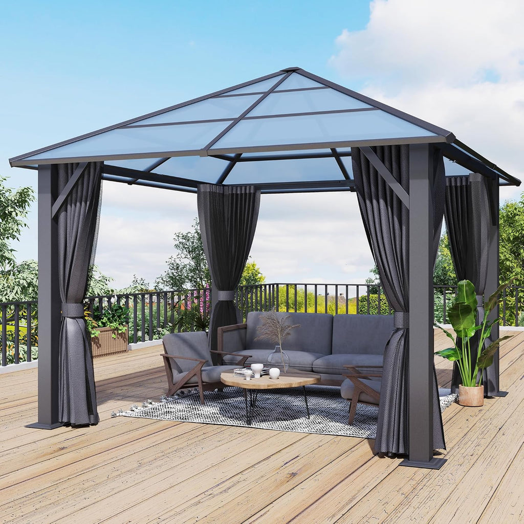 10'x10' Hardtop Gazebo, Outdoor Polycarbonate Roof Gazebo, Heavy Duty Metal Permanent Pavilion with Curtains & Netting for Backyard, Patio, Deck (Polycarbonate Top)
