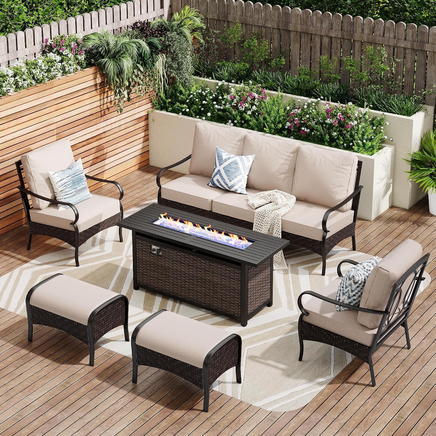 Patio Furniture Set with 56' Fire Pit Table, Premium Outdoor Wicker Metal Frame Furniture with Upgraded Waterproof Thick Cushions for Porch, Poolside, Deck, and Yard （8 Pieces,Beige）