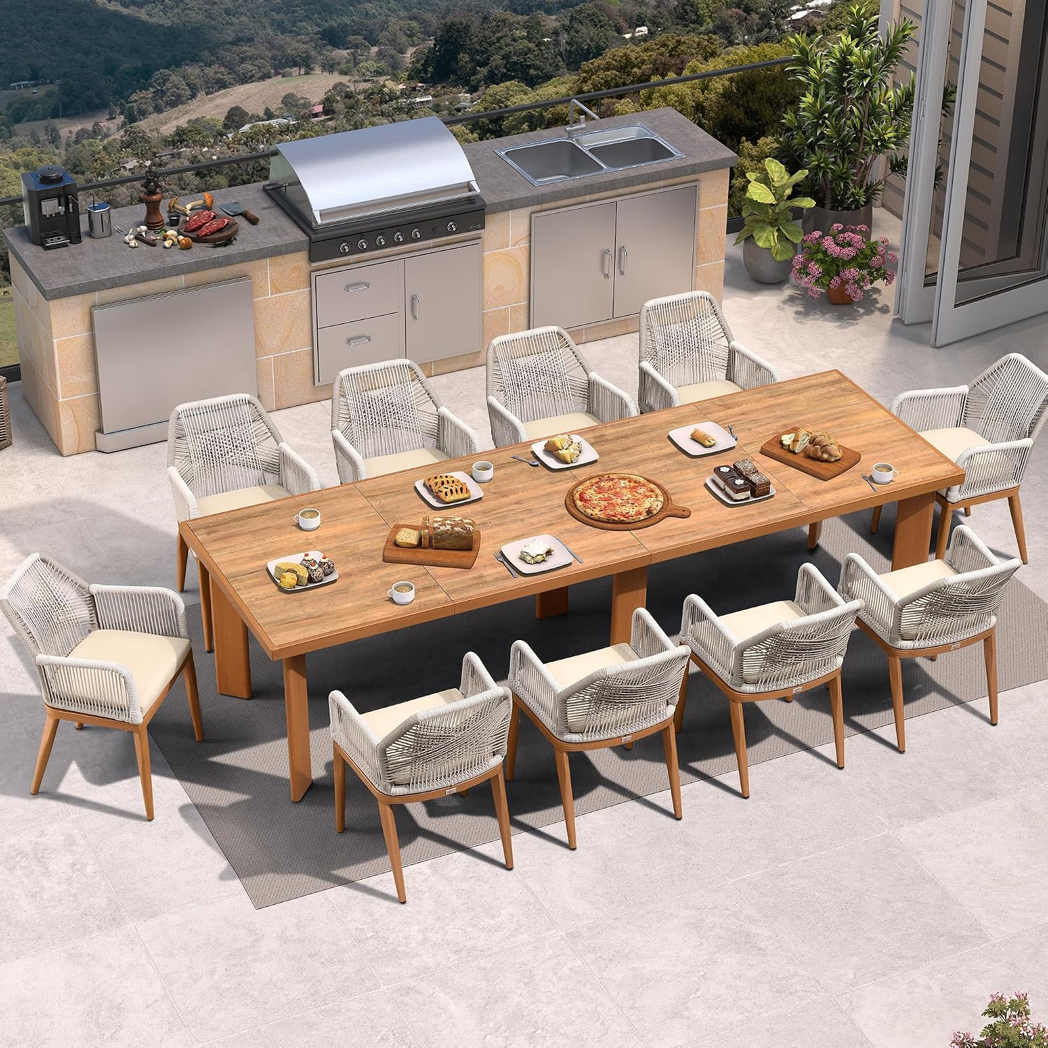 PURPLE LEAF 11 Pieces Patio Dining Set Aluminum Rectangular Table and Rattan Arm Chairs with Cushions for Kitchen Porch Garden Modern Outdoor Furniture Sets
