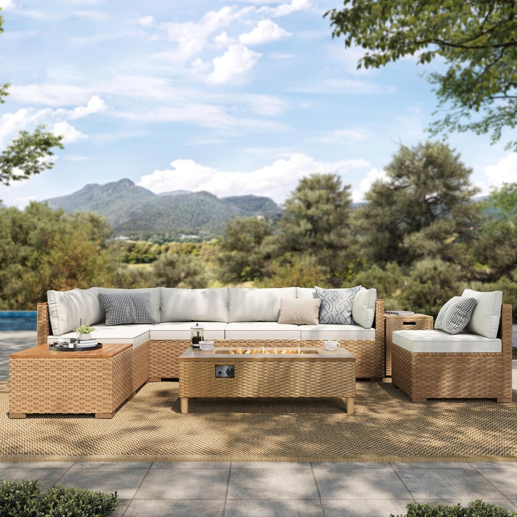 HERA'S HOUSE Patio Furniture Set with Fire Pit Table, 8 Pieces 6 Seats Wicker Outdoor Sectional Sets,Yellow Rattan Conversation Set with Sofa and Table for Backyard, l Shape Balcony Couch