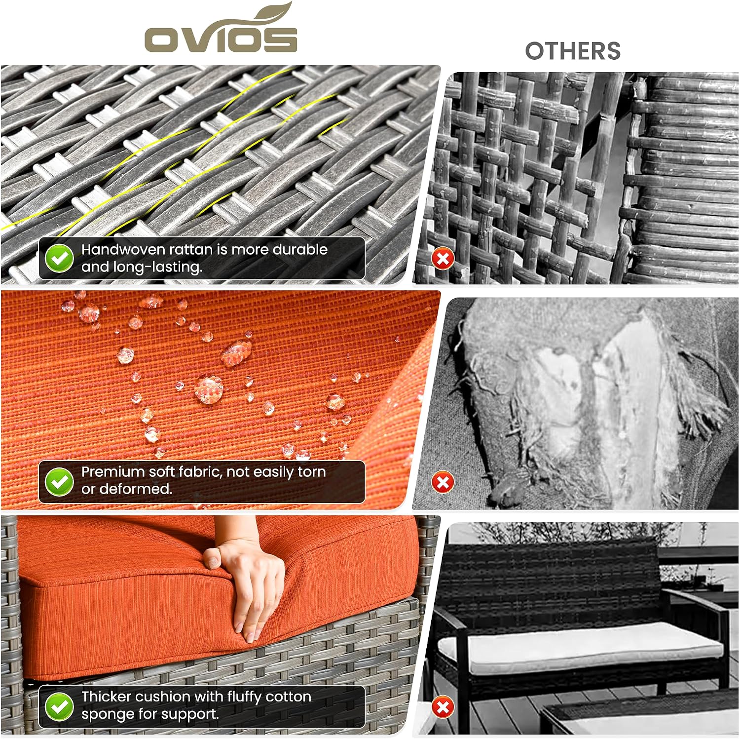 ovios 7 Pieces Patio Furniture Set with 42' Fire Pit Table, Outdoor Sofa Couch with Solar Lights Table Comfy Cushions, Modern Deep Seat Wicker Rattan Conversation Set, Orange Red