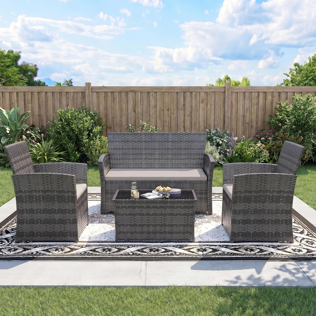 FHFO 4 Piece Outdoor Patio Furniture Sets, Wicker Sectional Conversation Sofa Set, Rattan Table and Chairs and Loveseat with Cushions for Outside Balcony Porch Backyard (Gray-Gray)