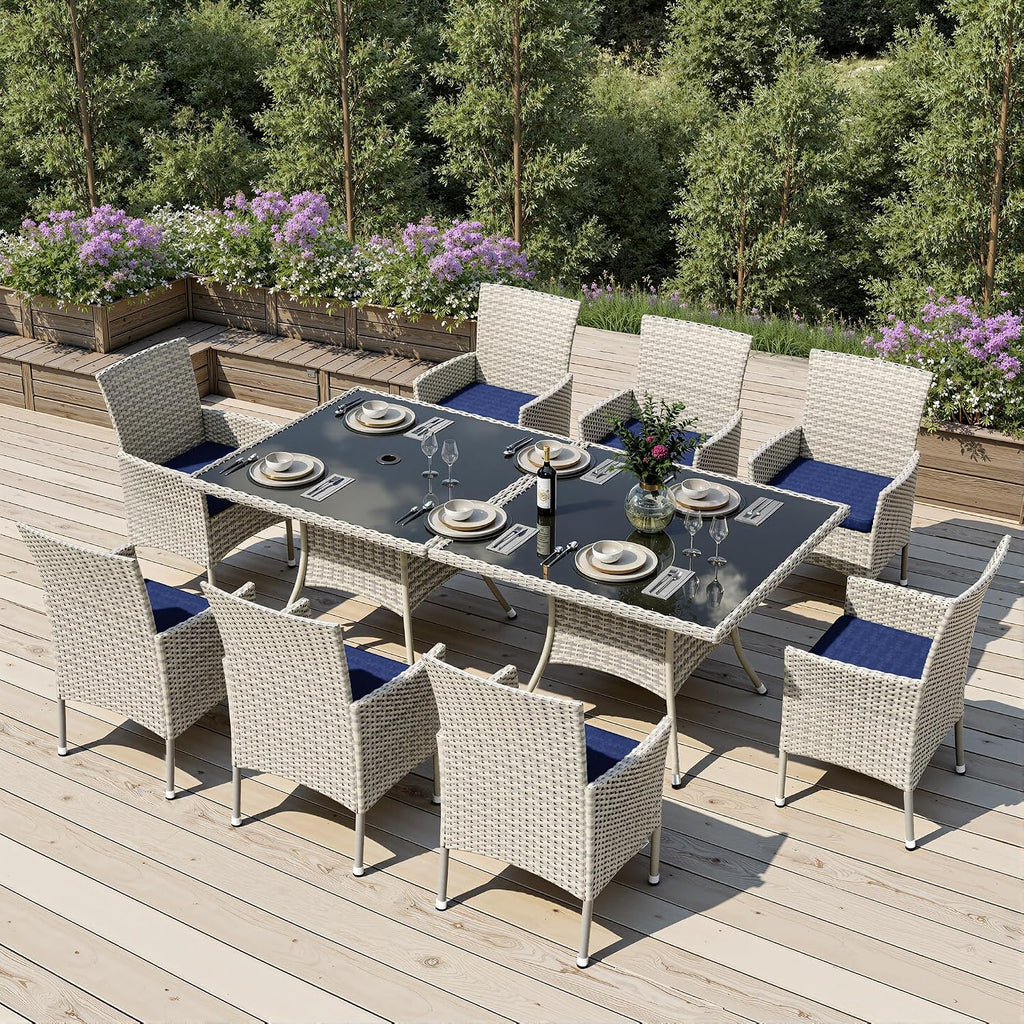 Outdoor Dining Set, 10-Piece Patio Furniture Set with Tempered Glass Table and 8 Cushioned Chairs, Dual-Strand Wicker Rattan, Balcony Furniture for Backyard, Garden, Deck,– Navy Blue