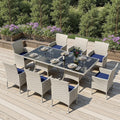 Outdoor Dining Set, 10-Piece Patio Furniture Set with Tempered Glass Table and 8 Cushioned Chairs, Dual-Strand Wicker Rattan, Balcony Furniture for Backyard, Garden, Deck,– Navy Blue