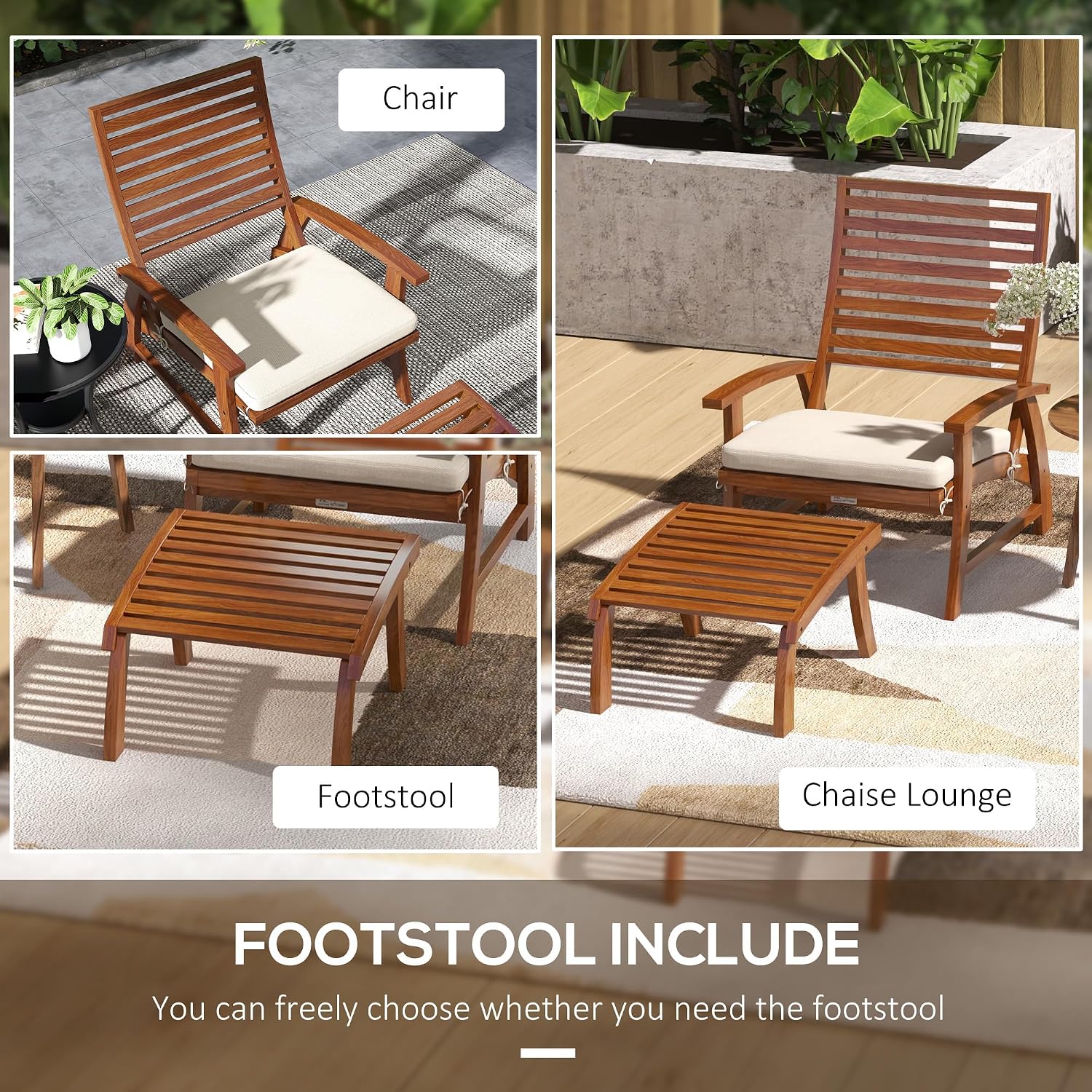 Outsunny 4 Piece Patio Furniture Set, 2 Chairs with Footstools, Outdoor Chair Set for 2 with Slatted Acacia Wood Seat and Backrest, Cushions and Ottomans, Cream White