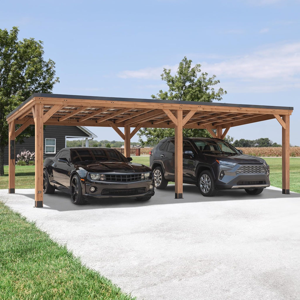 Backyard Discovery Arcadia 24' x 12' Cedar Wood Outdoor Gazebo Pavilion with Hardtop Galvanized Steel Slope Roof, Snow Support, Wind Resistance, PowerPort, Shade for Garden, Patio, Deck, Entertaining