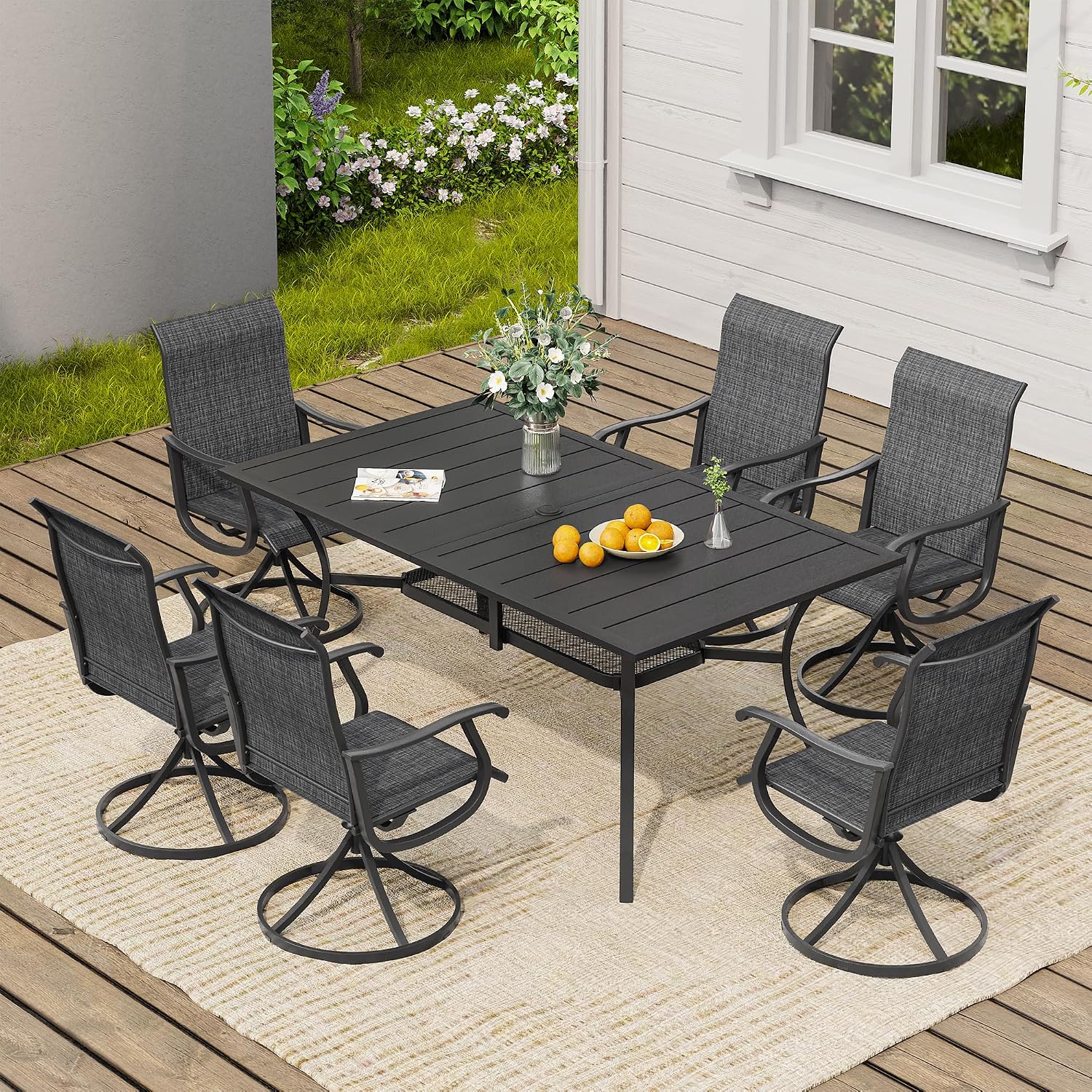 VICLLAX 7 Pieces Patio Dining Set, Patio Furniture Set of 6 Patio Swivel Dining Chairs and Rectangular Patio Table with Storage Shelf, Dark Charcoal Chairs & Black Tabletop