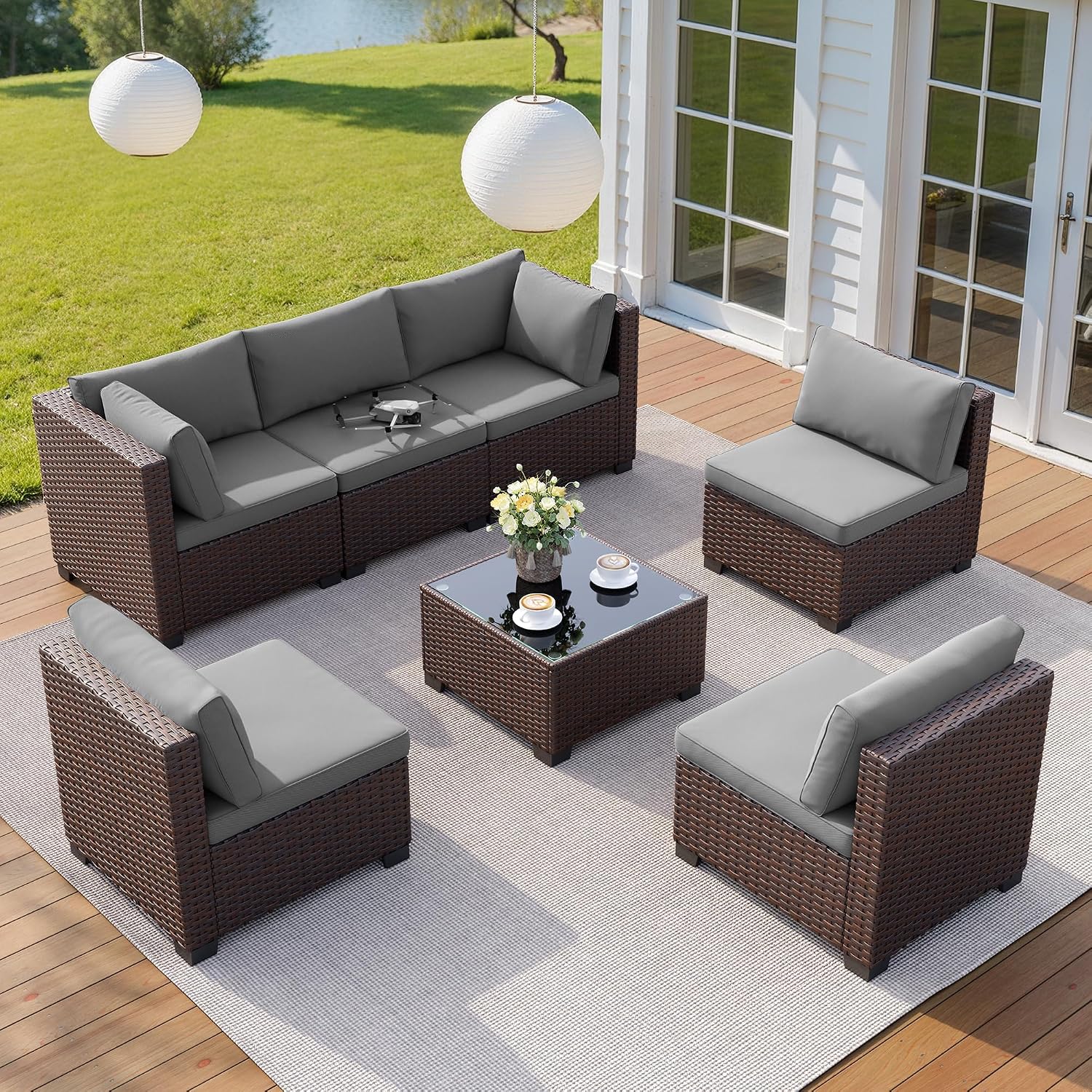 Qsun 7 Pieces Outdoor Patio Furniture Set, PE Rattan Outdoor Wicker Sectional Furniture Sofa Set, with Cushions and Glass Coffee Table, for Balcony, Porch, Garden, Grey