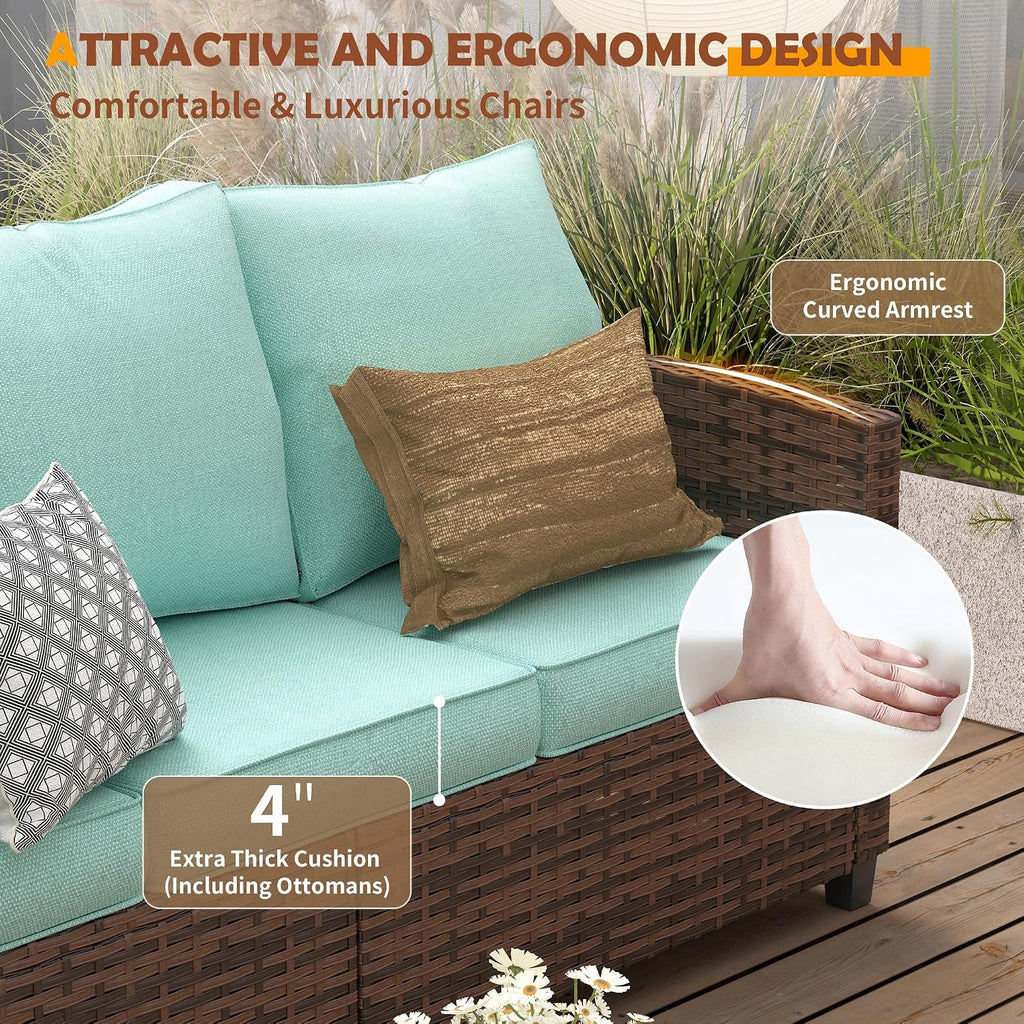 UDPATIO Patio Furniture Set, 5 Pieces Outdoor Sectional Sofa Set, All-Weather Wicker Rattan High Back Patio Conversation Set with Ottoman for Poolside, Backyard, 4' Thick Cushions, Light Blue