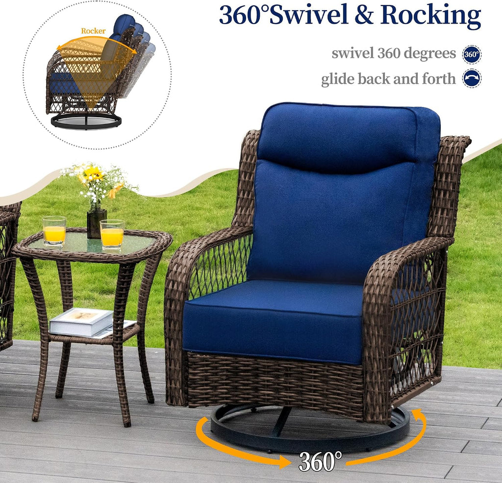 PIZZELLO 7 Piece Patio Furniture Set with 60' Propane Firepit Table, 4Pcs Outdoor Swivel Rocker Chairs with 2 Side Tables and Aluminum Gas Fire Table